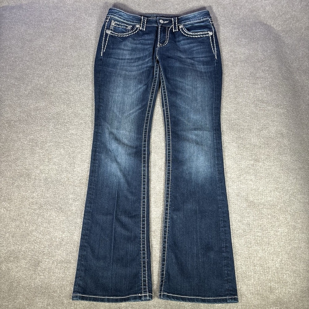 Miss Me Jeans Womens 32x34 Bootcut Dark Blue Denim Saddle Stitch Flap Pockets